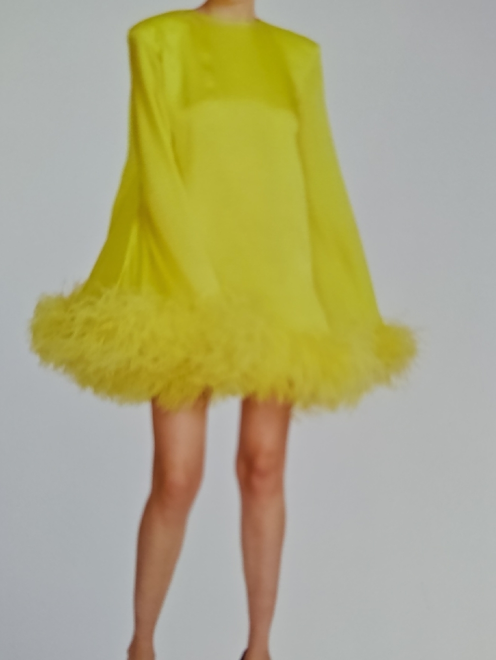 Yellow High-Low Feather Trim Mini Dress